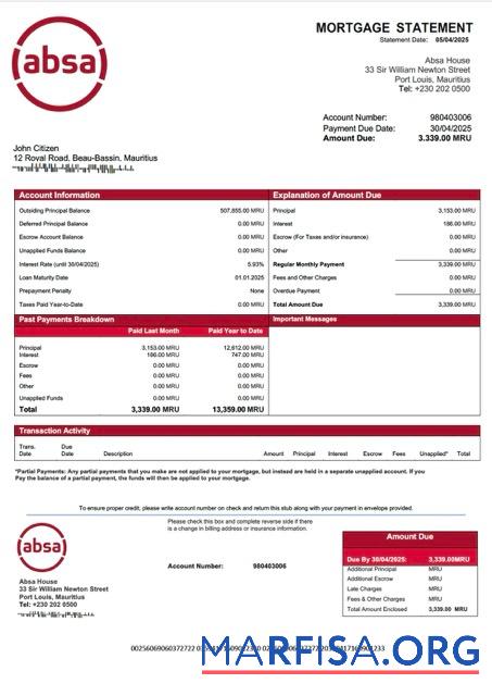 Downloadable Mauritius Absa Bank mortgage statement Word and PDF template